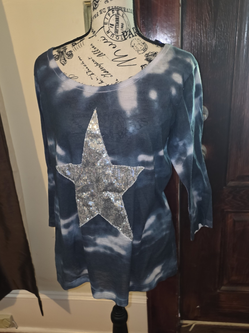 Sequin Star Tie-Dye Scoop Neck Top - Navy Medium